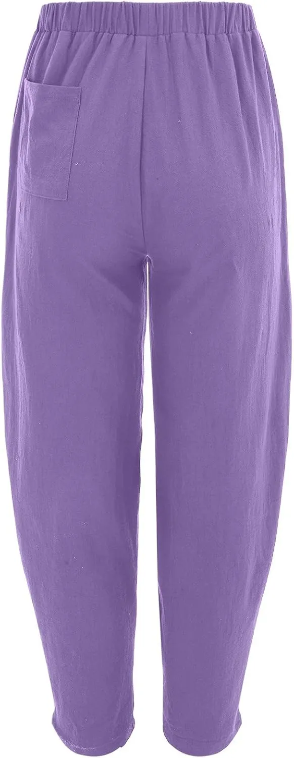 Cotton Linen Trousers for Womens Drawstring Lightweight High Elastic Waist Loose Fit Wide Leg Trousers with Pockets