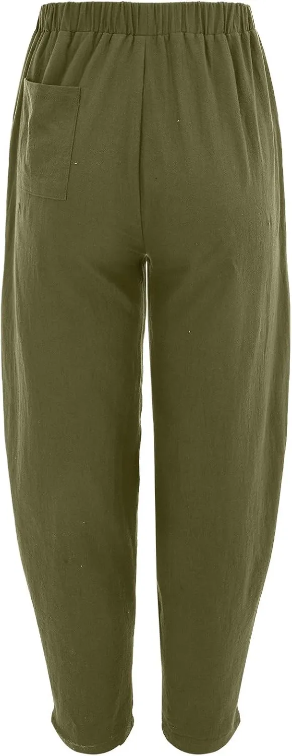 Cotton Linen Trousers for Womens Drawstring Lightweight High Elastic Waist Loose Fit Wide Leg Trousers with Pockets