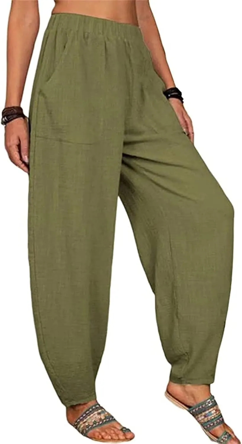 Cotton Linen Trousers for Womens Drawstring Lightweight High Elastic Waist Loose Fit Wide Leg Trousers with Pockets
