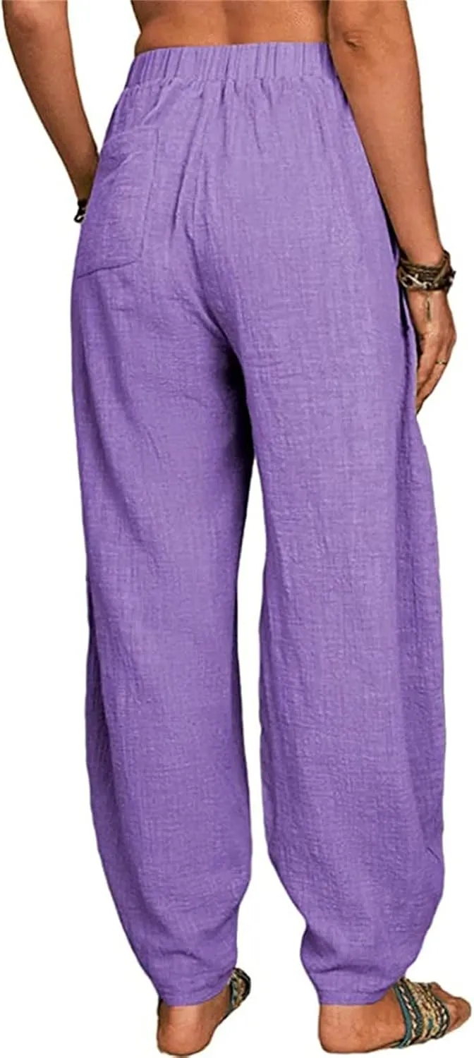 Cotton Linen Trousers for Womens Drawstring Lightweight High Elastic Waist Loose Fit Wide Leg Trousers with Pockets