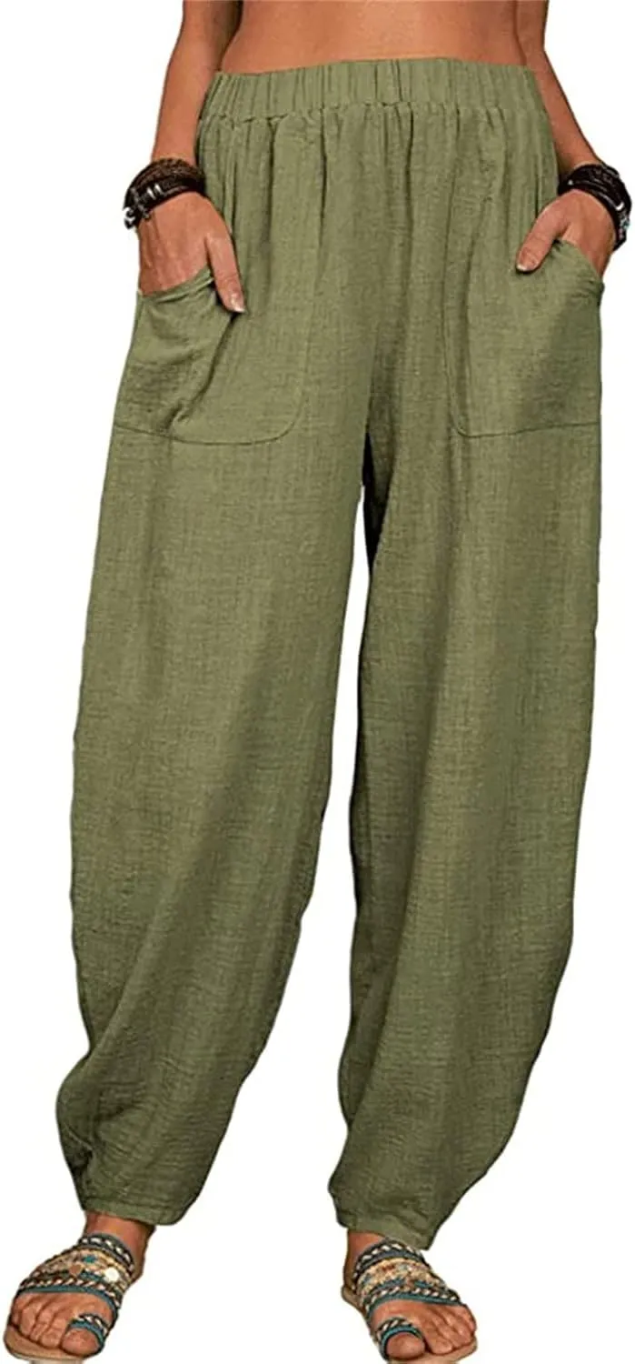 Cotton Linen Trousers for Womens Drawstring Lightweight High Elastic Waist Loose Fit Wide Leg Trousers with Pockets
