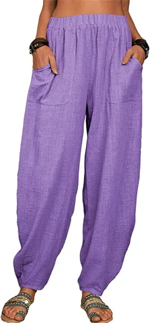 Cotton Linen Trousers for Womens Drawstring Lightweight High Elastic Waist Loose Fit Wide Leg Trousers with Pockets