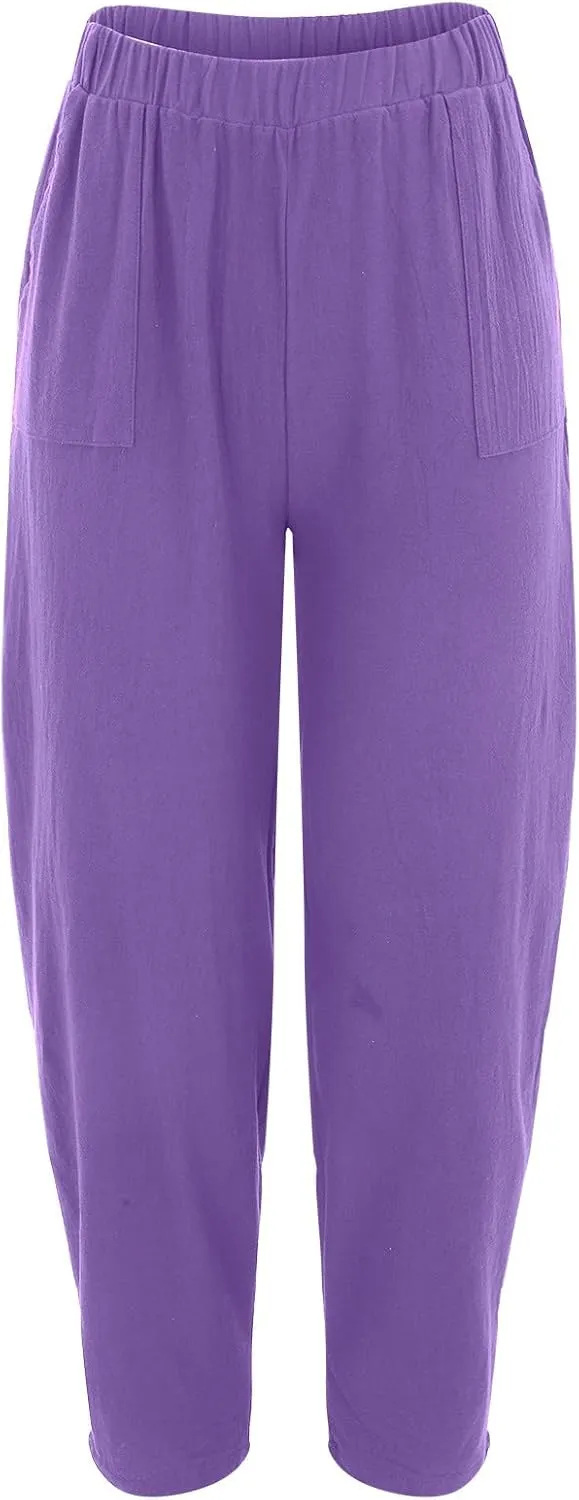 Cotton Linen Trousers for Womens Drawstring Lightweight High Elastic Waist Loose Fit Wide Leg Trousers with Pockets