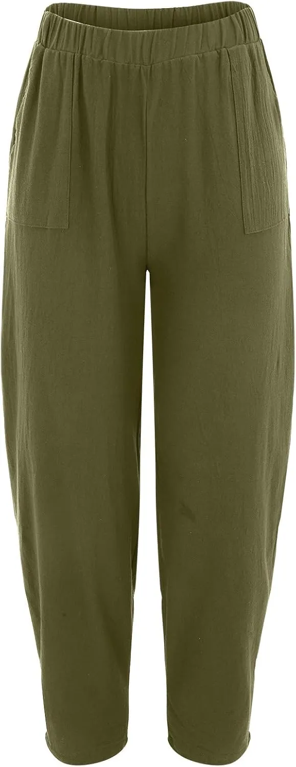 Cotton Linen Trousers for Womens Drawstring Lightweight High Elastic Waist Loose Fit Wide Leg Trousers with Pockets