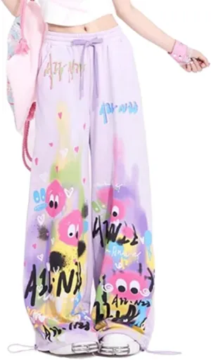 Cute Pants for Women Kawaii Pants Japanese Pants High Waist Flair Graffiti Chinos Loose Trousers Harajuku Bell Pants (Purple,Medium,Regular,Regular,Medium)