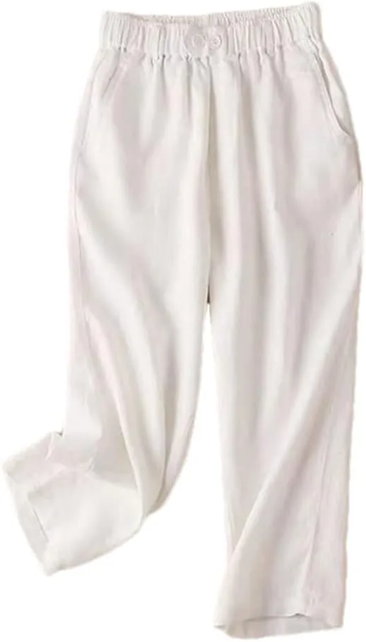 Deepsko Women's Summer Cotton and Linen Cropped Loose Elastic Waist Harem Pants White