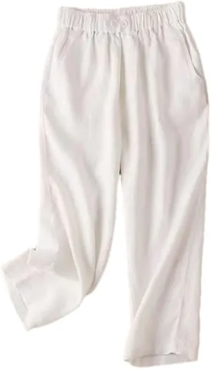 Deepsko Women's Summer Cotton and Linen Cropped Loose Elastic Waist Harem Pants White