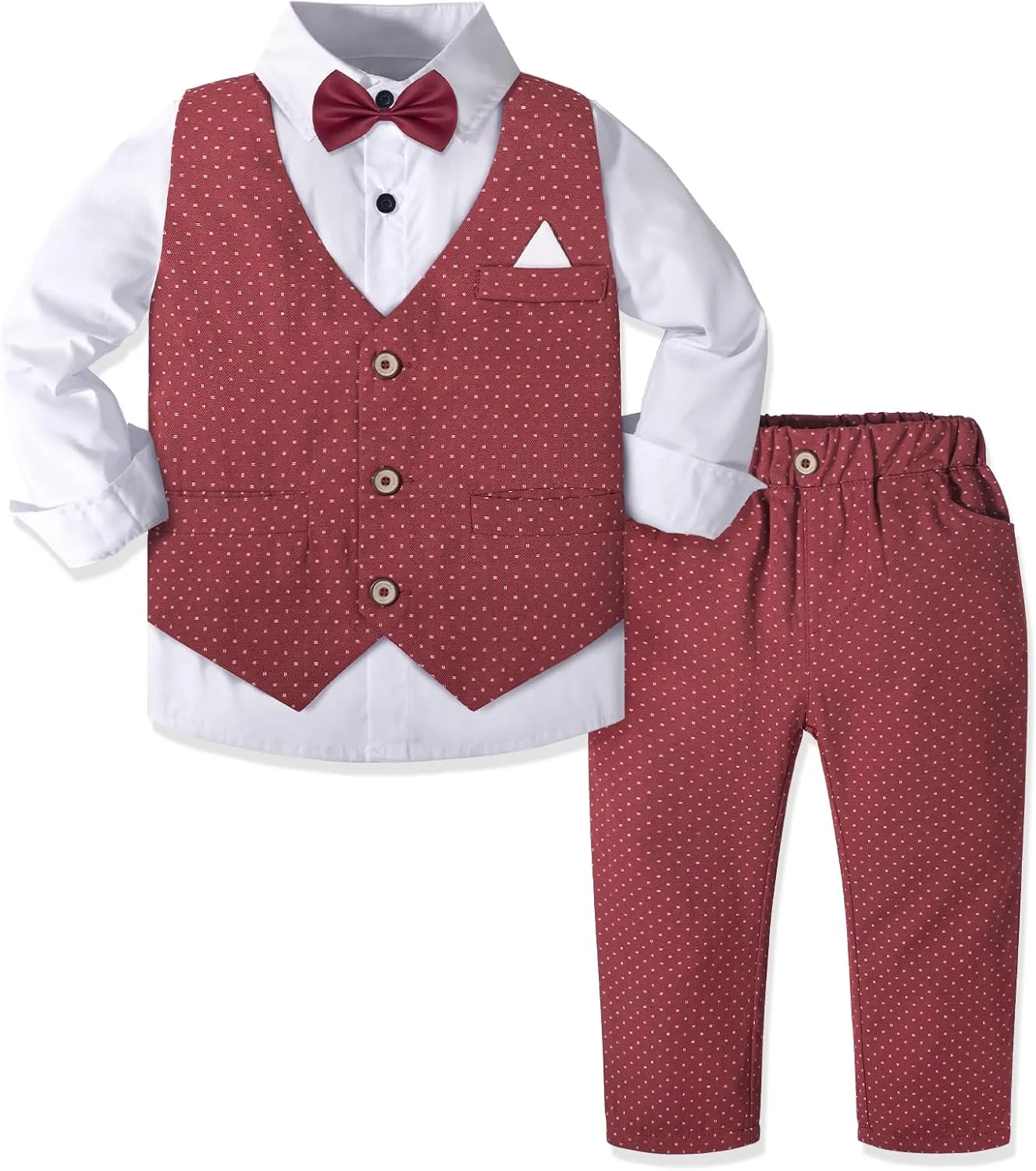 Dinysuos Boys Suit Formal Dress Kids Tuxedo Outfit Dress Shirt with Bow Tie  Slim Vest Pants 4Pcs 3-7 Years
