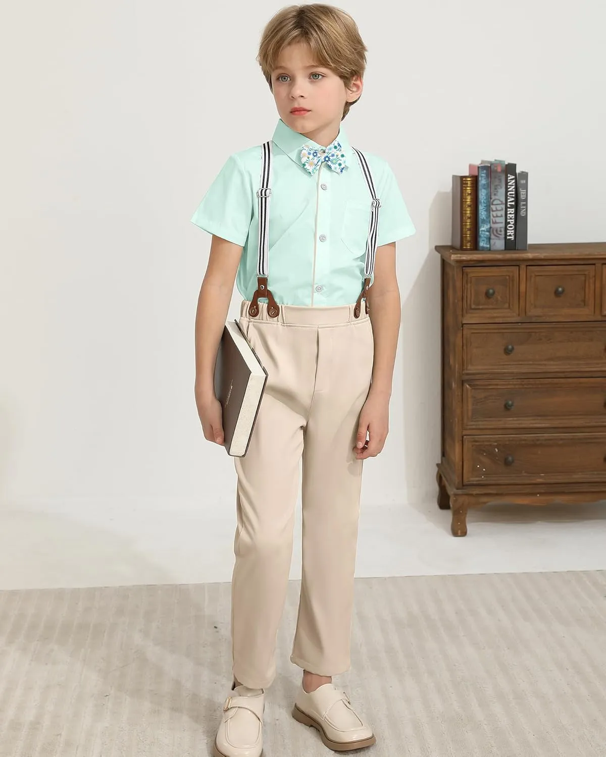 DISAUR Boys Suits 3 Pieces Formal Dress Shirt with Bowtie Suspender Pants Boy Gentleman Outfits Set 4-8 Years