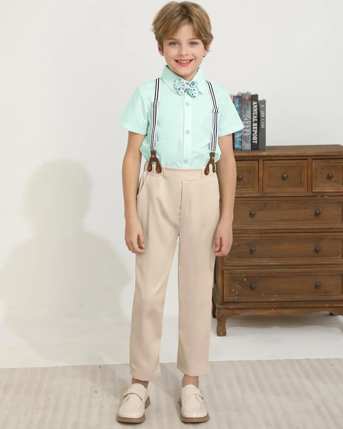 DISAUR Boys Suits 3 Pieces Formal Dress Shirt with Bowtie Suspender Pants Boy Gentleman Outfits Set 4-8 Years