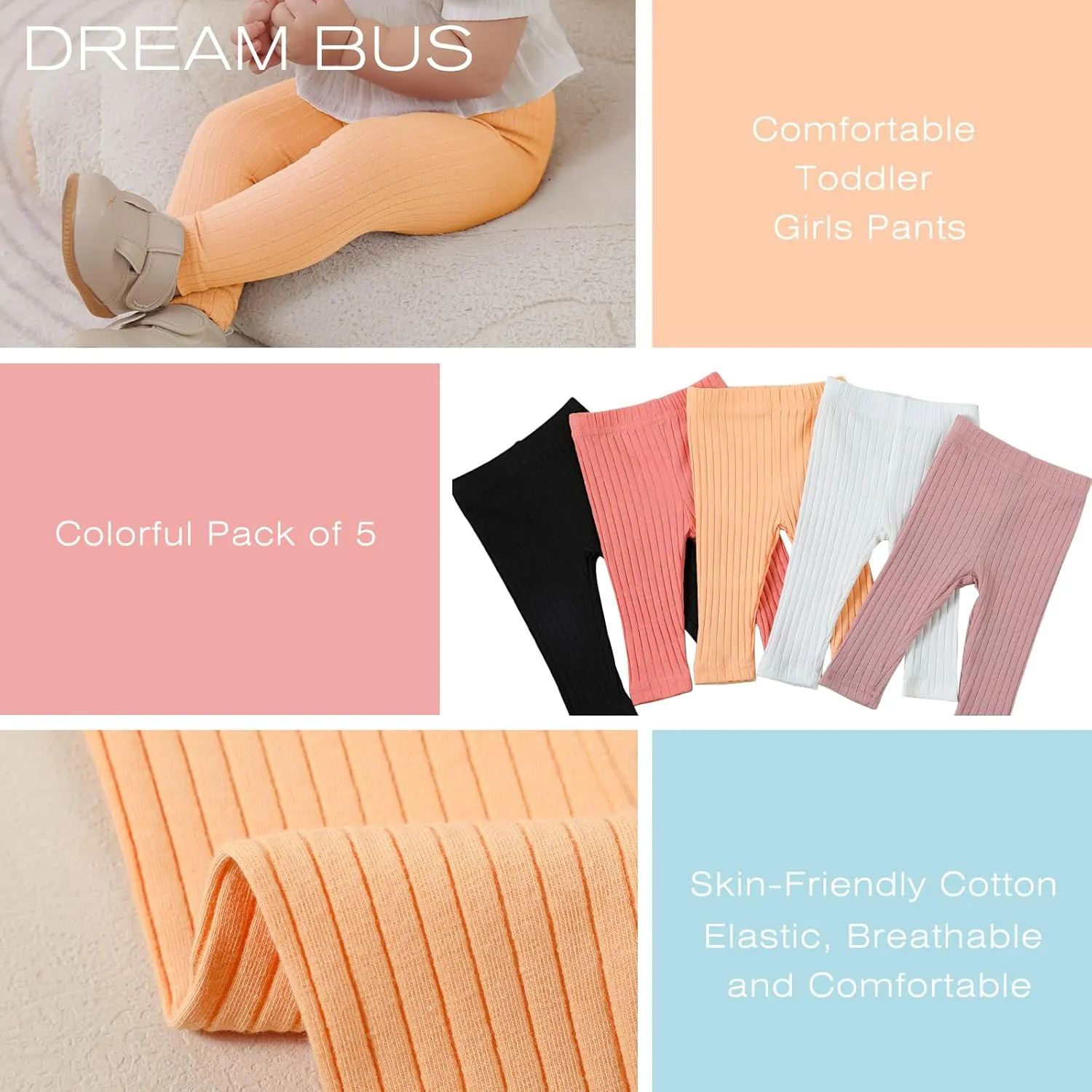 DREAM BUS 5 Pack Toddler Girl Pants Baby Girl Solid Ribbed Pants Toddler Girls Bottoms Leggings Newborn Cotton Jogger
