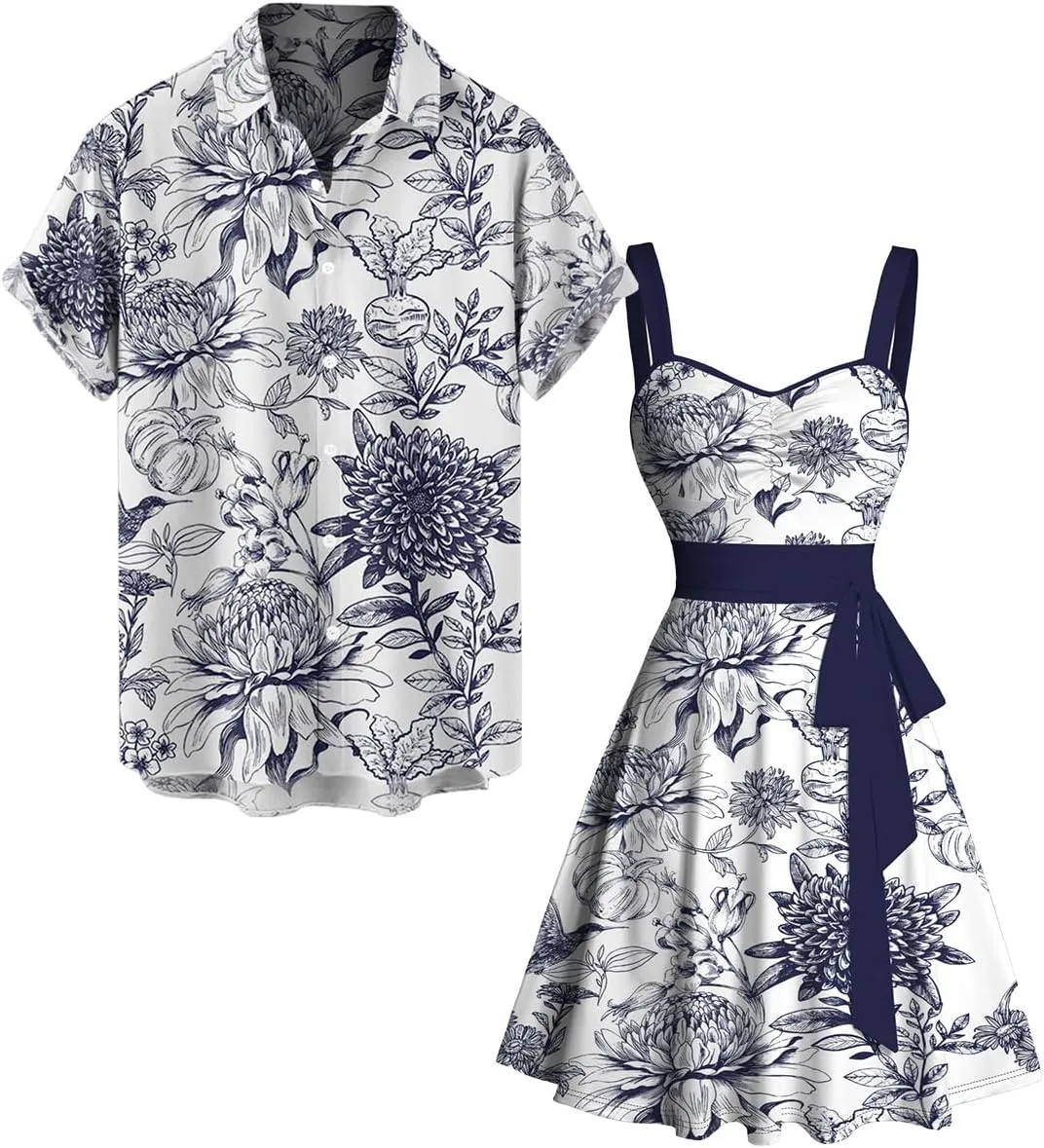 DRESSFO Matchable Couples' Hawaiian Outfit Porcelain Style Floral Print Men's Shirt Or Women's Belted Mini Dress