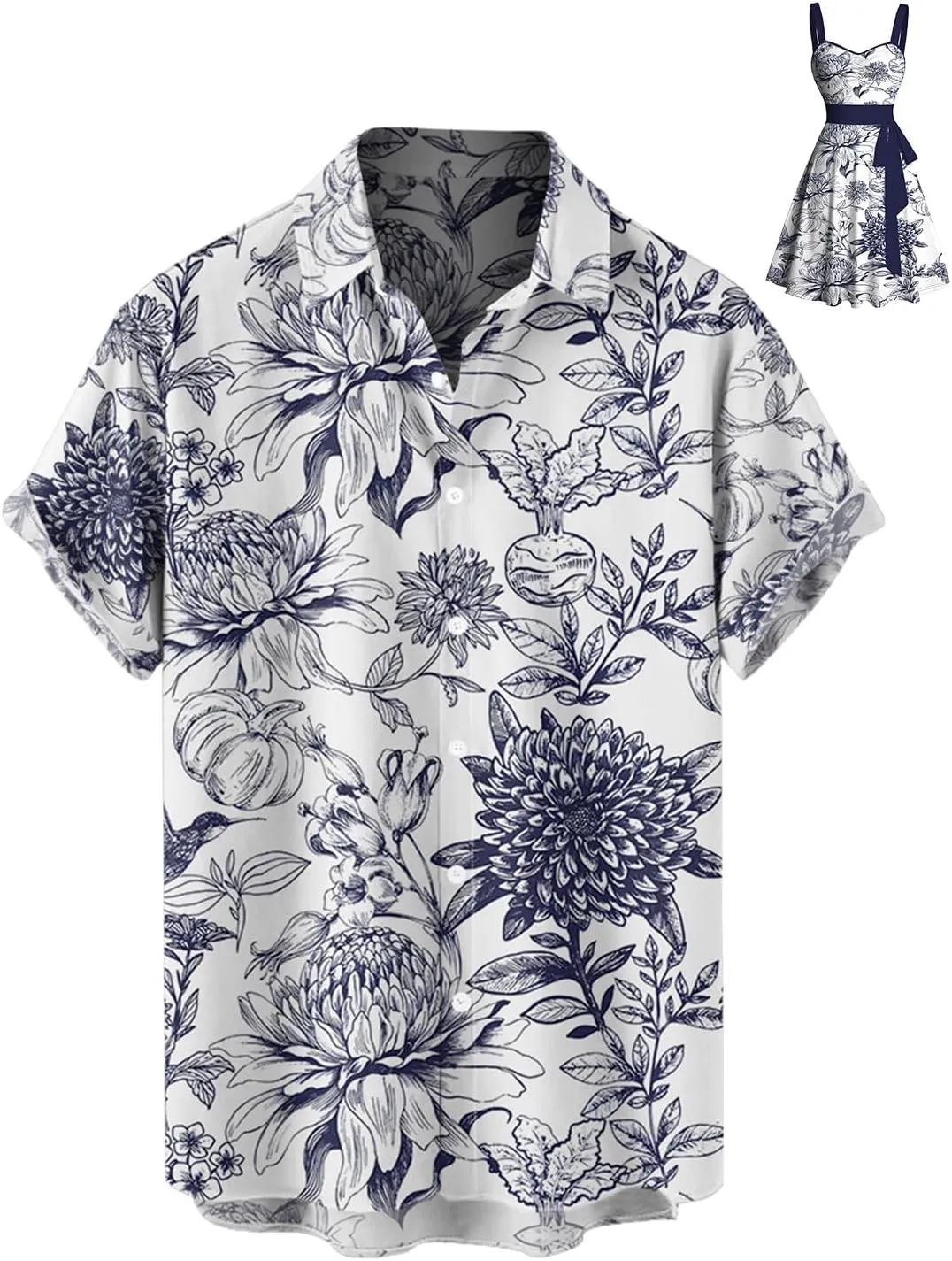 DRESSFO Matchable Couples' Hawaiian Outfit Porcelain Style Floral Print Men's Shirt Or Women's Belted Mini Dress