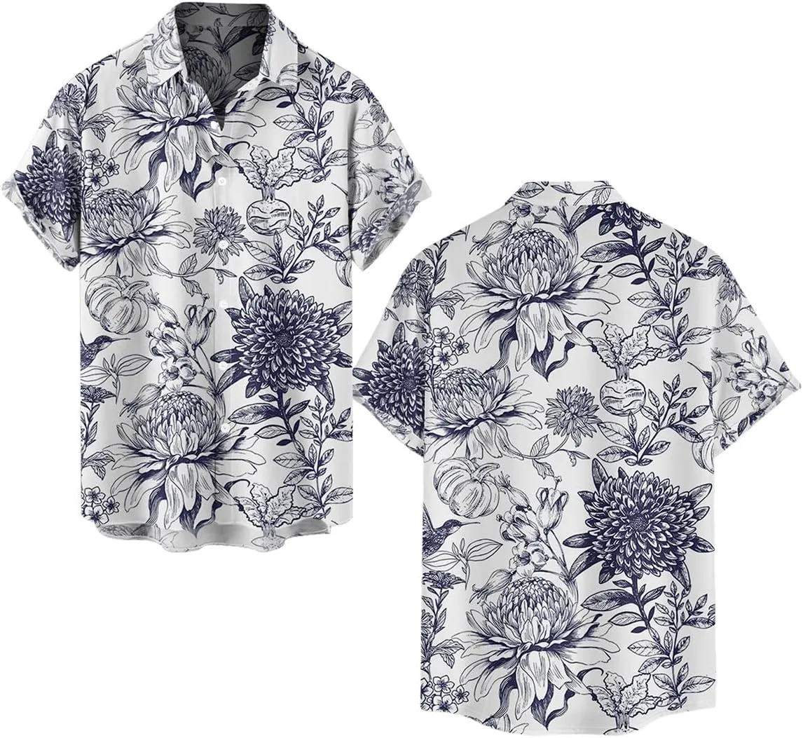 DRESSFO Matchable Couples' Hawaiian Outfit Porcelain Style Floral Print Men's Shirt Or Women's Belted Mini Dress