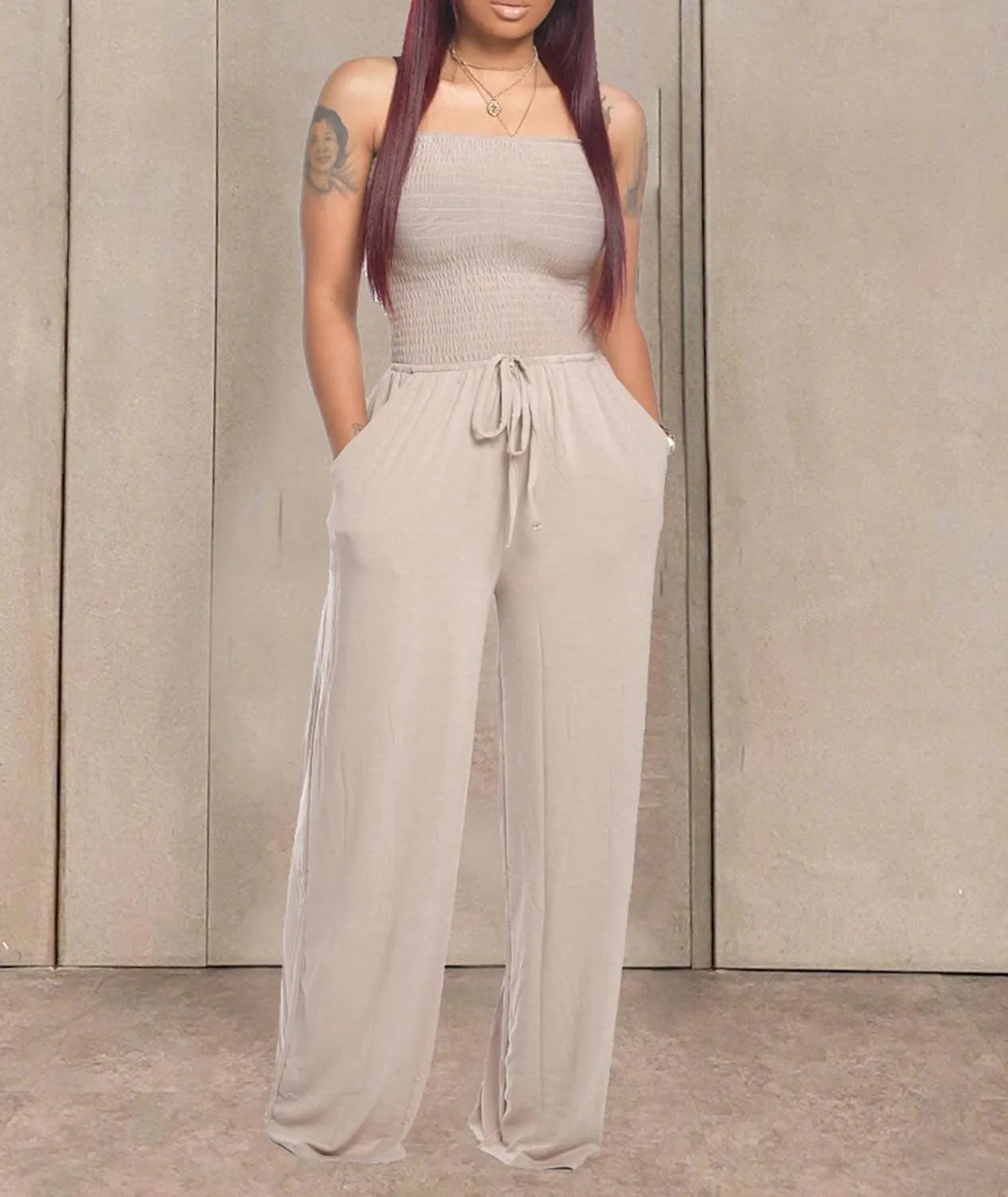 ECDAHICC Women's Strapless Tube Top Rompers Casual Off Shoulder Solid Color Belted Wide Leg Jumpsuit with Pockets