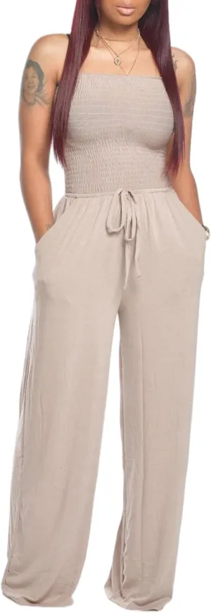ECDAHICC Women's Strapless Tube Top Rompers Casual Off Shoulder Solid Color Belted Wide Leg Jumpsuit with Pockets