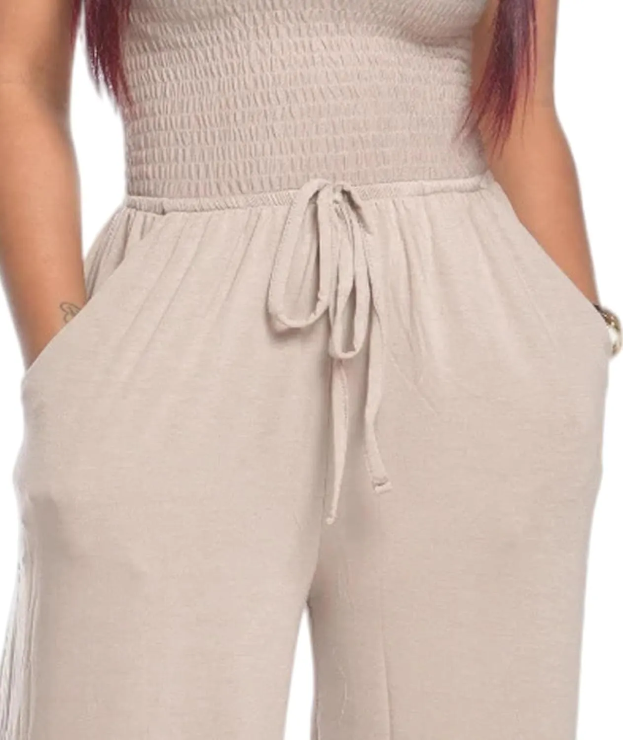 ECDAHICC Women's Strapless Tube Top Rompers Casual Off Shoulder Solid Color Belted Wide Leg Jumpsuit with Pockets