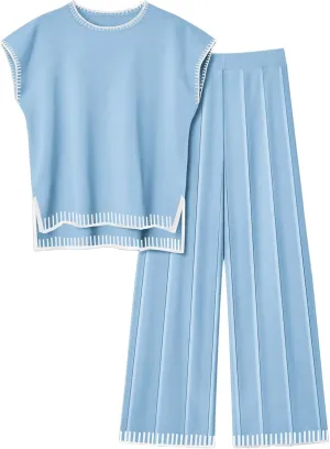Ekouaer Womens Matching Sets Knit Sweater Sets 2 Pieces Outfits Pullover Tops Wide Legs Pants Lounge Set