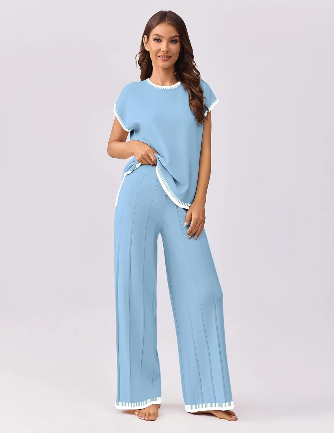 Ekouaer Womens Matching Sets Knit Sweater Sets 2 Pieces Outfits Pullover Tops Wide Legs Pants Lounge Set