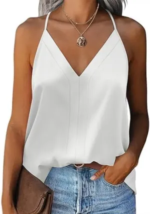 ELESOL Womens Satin Tops V Neck Sleeveless Camisole Cami Spaghetti Straps Blouse Summer Loose Racerback Shirt