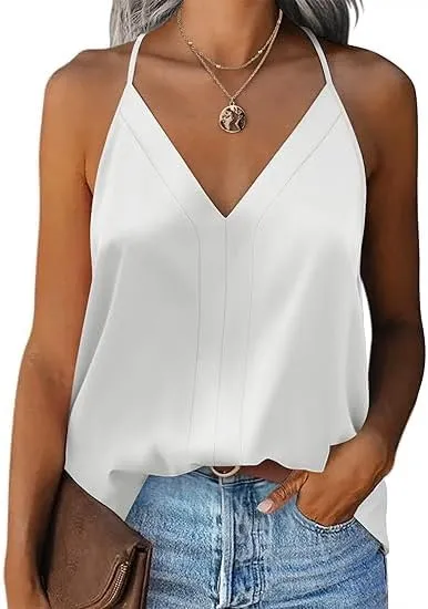 ELESOL Womens Satin Tops V Neck Sleeveless Camisole Cami Spaghetti Straps Blouse Summer Loose Racerback Shirt