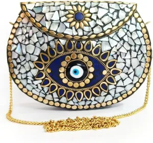 evil eye retarder mosaic MOP clutch metal bag gift for her Handmade ethnic evening purse women bag (pearl white), Black, MEDIUM