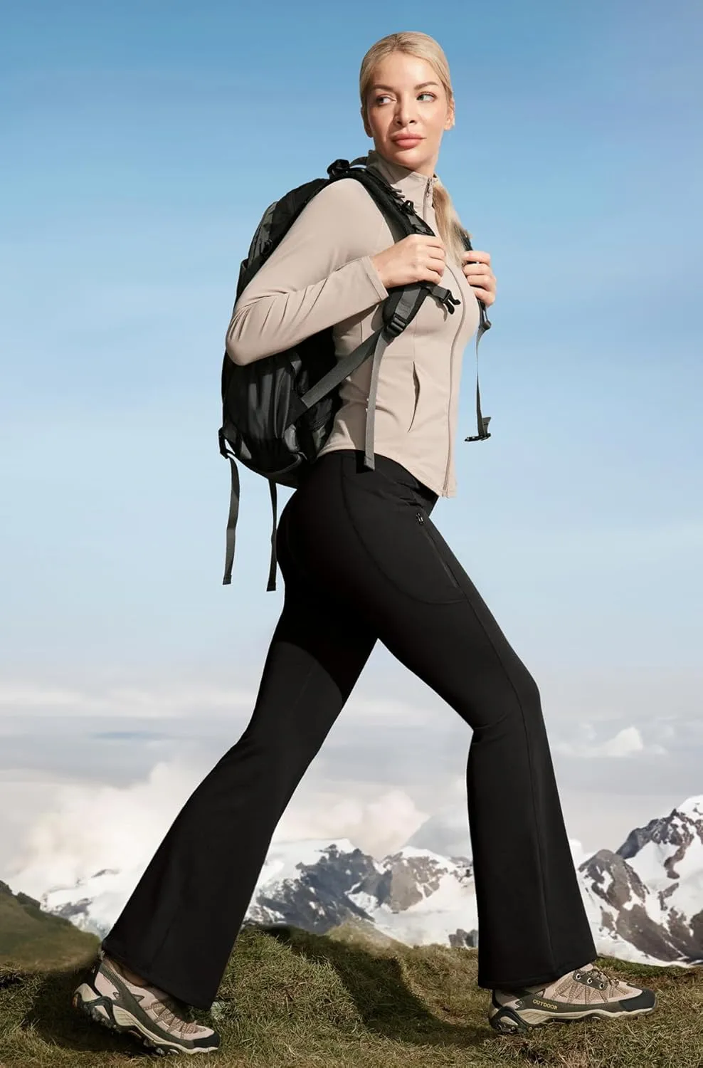 Ewedoos Fleece Lined Yoga Pants with Pockets Water Resistant Hiking Pants Women High Waist Flare Leggings Winter Warm Pants
