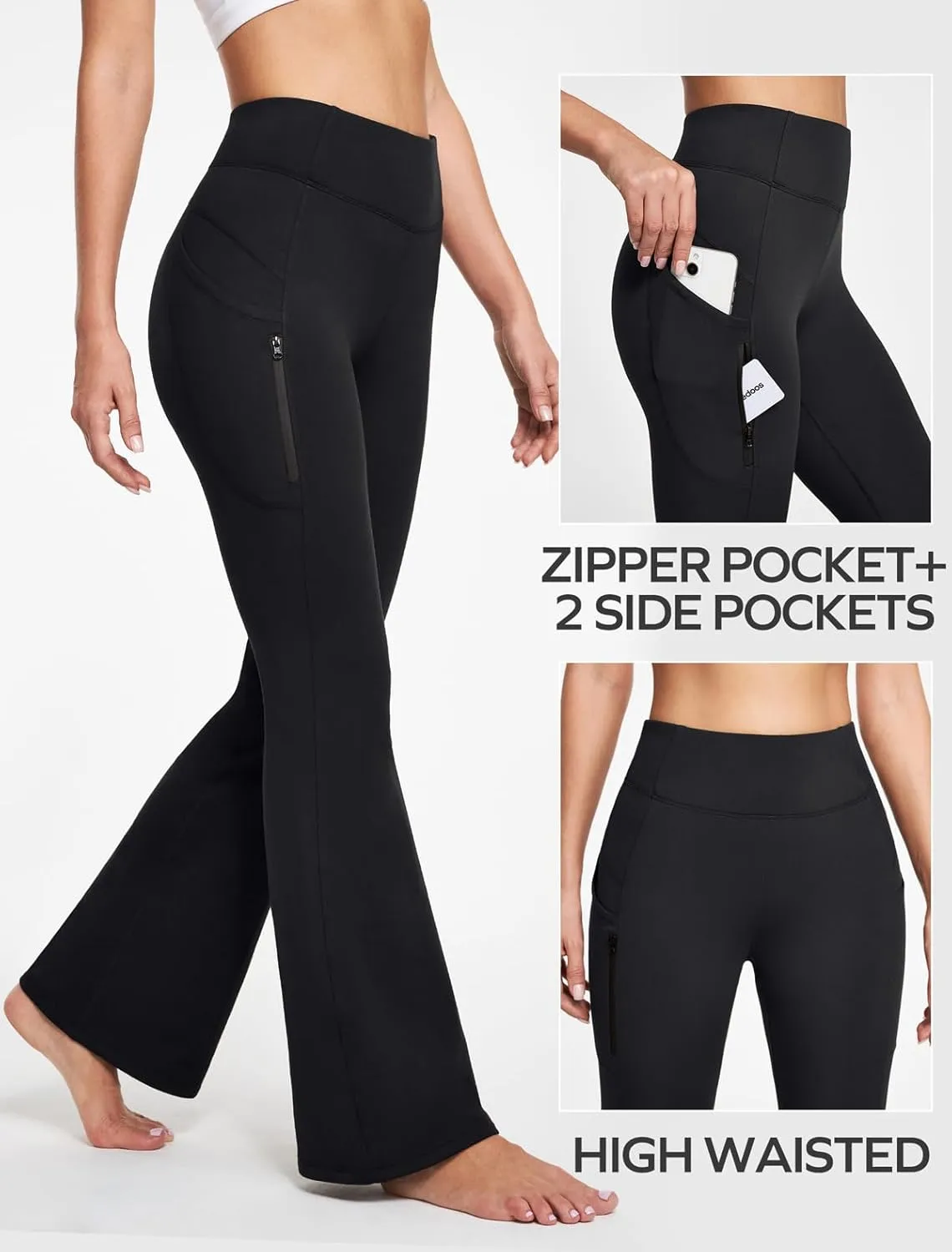 Ewedoos Fleece Lined Yoga Pants with Pockets Water Resistant Hiking Pants Women High Waist Flare Leggings Winter Warm Pants