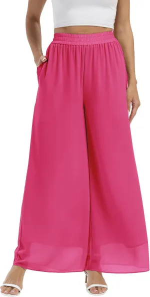 Fakanhui Women's Chiffon Wide Leg Palazzo Pants High Elastic Waist Casual Flowy Business Trousers