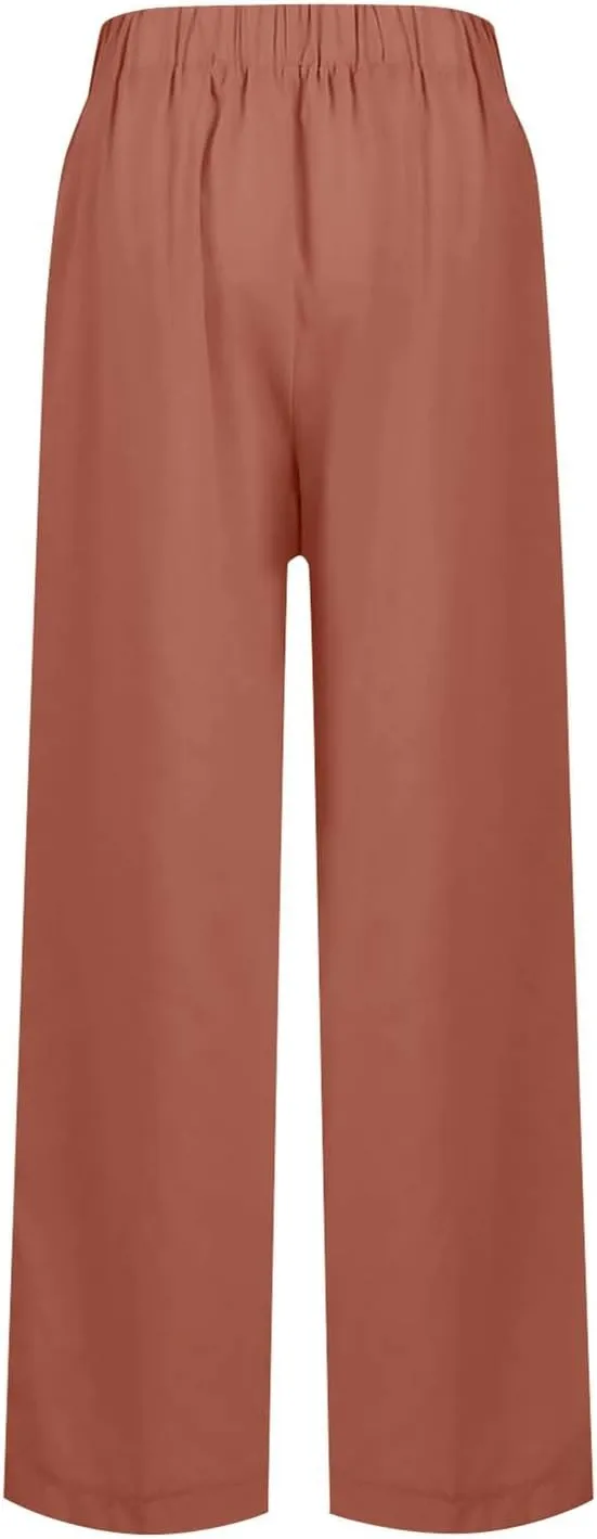 fanmpghleoo Womens Linen Palazzo Pants Summer Casual Loose High Waisted Flowy Wide Leg Pants Beach Trousers with Pockets