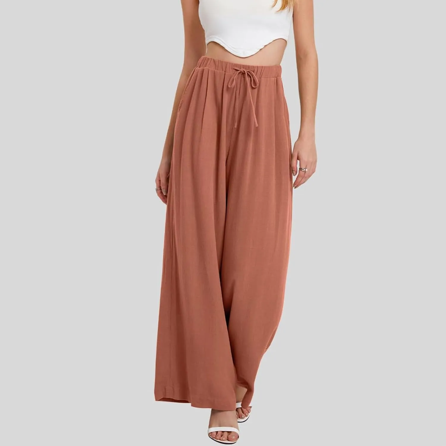 fanmpghleoo Womens Linen Palazzo Pants Summer Casual Loose High Waisted Flowy Wide Leg Pants Beach Trousers with Pockets