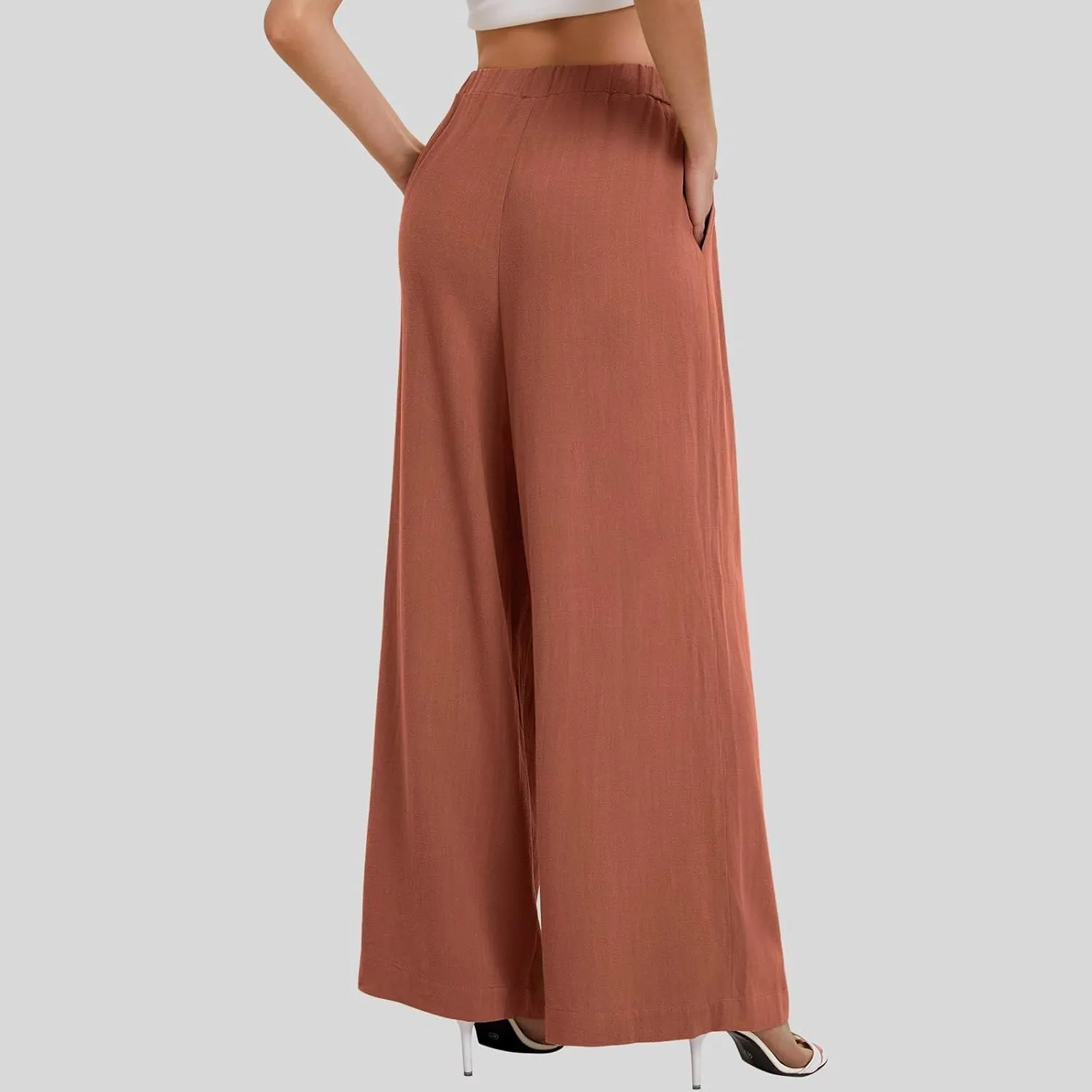 fanmpghleoo Womens Linen Palazzo Pants Summer Casual Loose High Waisted Flowy Wide Leg Pants Beach Trousers with Pockets