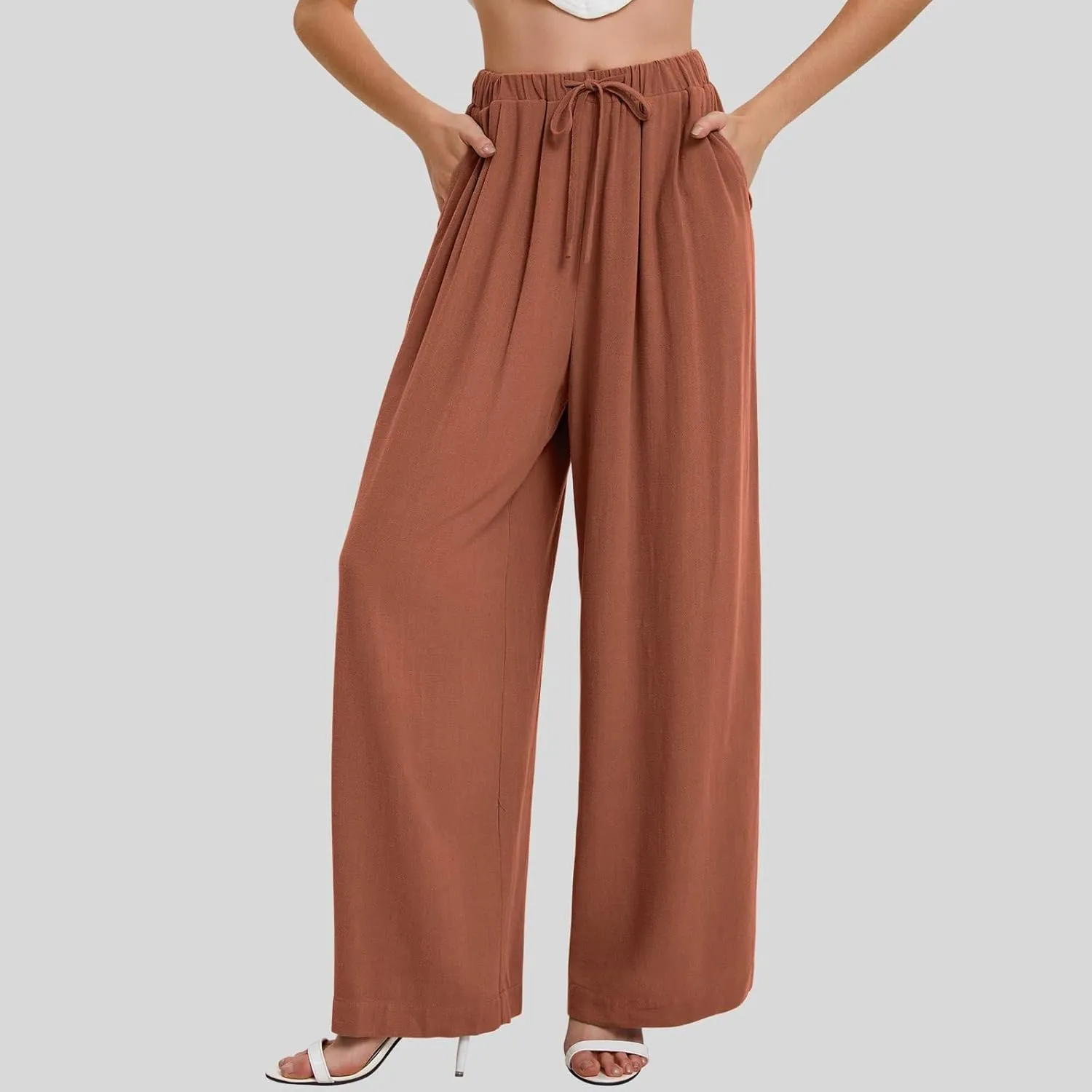 fanmpghleoo Womens Linen Palazzo Pants Summer Casual Loose High Waisted Flowy Wide Leg Pants Beach Trousers with Pockets