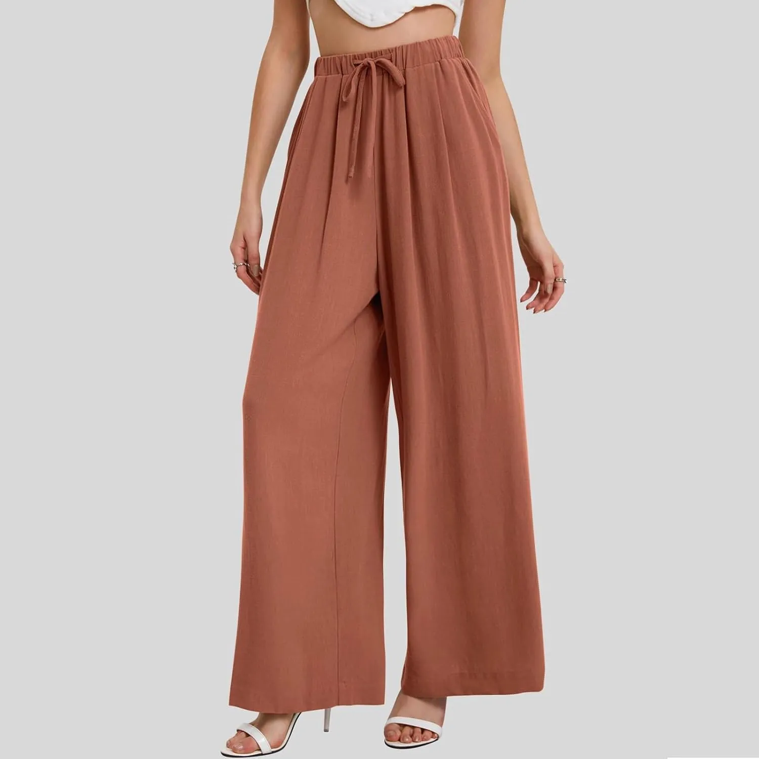 fanmpghleoo Womens Linen Palazzo Pants Summer Casual Loose High Waisted Flowy Wide Leg Pants Beach Trousers with Pockets