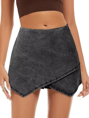 FEKOAFE Denim Skorts for Woman 2025 High Waist Trendy Slit Stretchy Y2K Denim Wrap Skirt with Shorts