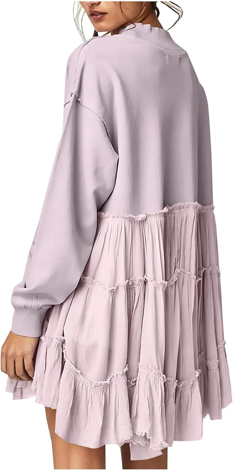 Firzero Womens Oversized Sweatshirt Dress Patchwork Long Sleeve Crewneck Pleated Mini Dresses 2024 Casual Pullover Tops
