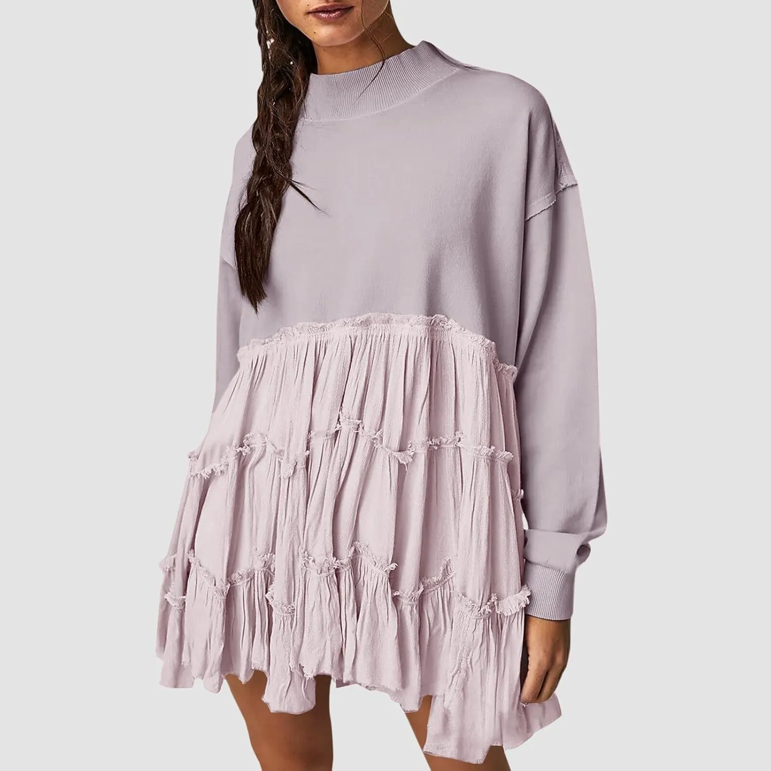 Firzero Womens Oversized Sweatshirt Dress Patchwork Long Sleeve Crewneck Pleated Mini Dresses 2024 Casual Pullover Tops