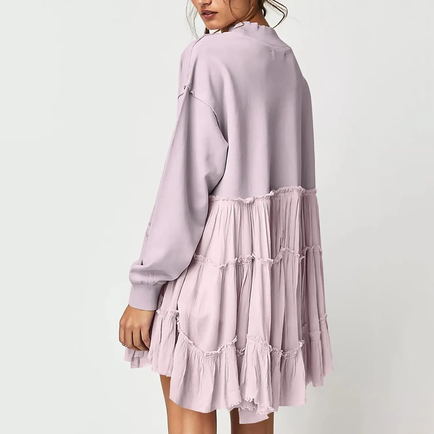Firzero Womens Oversized Sweatshirt Dress Patchwork Long Sleeve Crewneck Pleated Mini Dresses 2024 Casual Pullover Tops