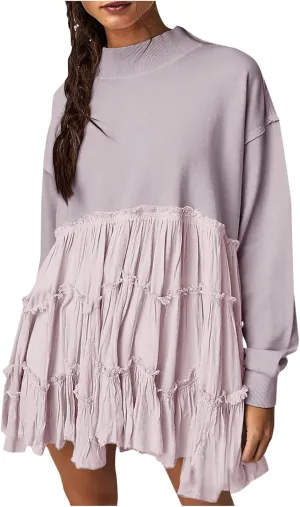 Firzero Womens Oversized Sweatshirt Dress Patchwork Long Sleeve Crewneck Pleated Mini Dresses 2024 Casual Pullover Tops
