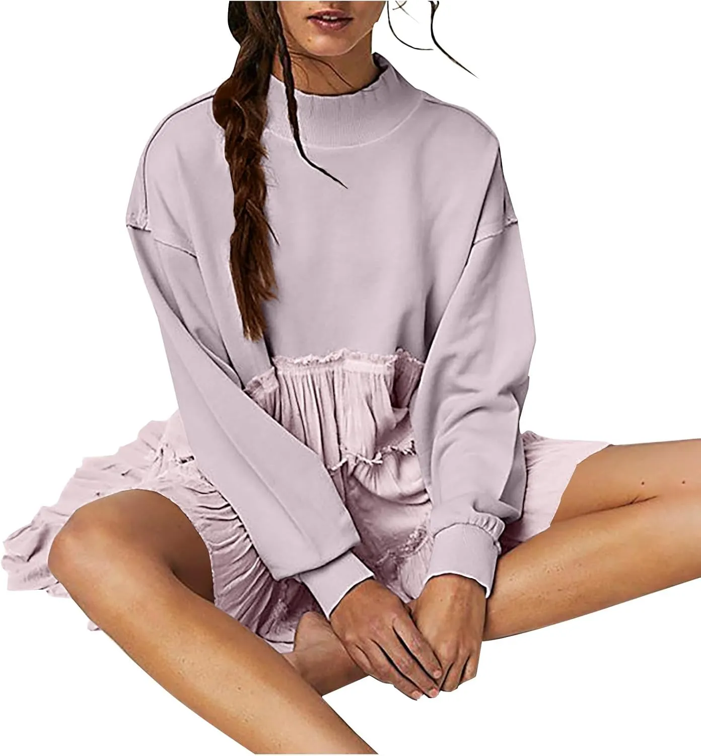 Firzero Womens Oversized Sweatshirt Dress Patchwork Long Sleeve Crewneck Pleated Mini Dresses 2024 Casual Pullover Tops
