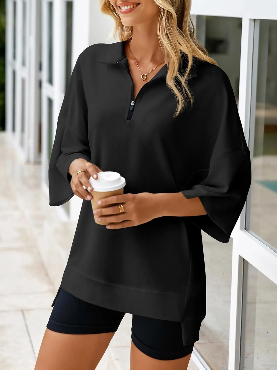 Fisoew Womens Oversized Sweatshirt Casual Zip Up V Neck 3/4 Sleeve High Low Pullover Tunic Tops