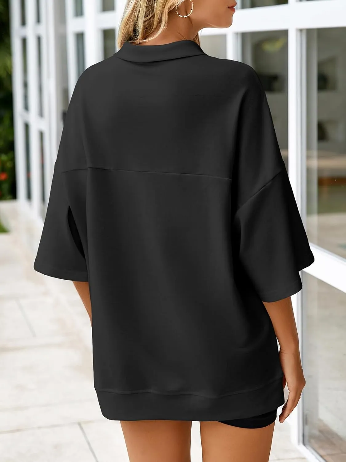 Fisoew Womens Oversized Sweatshirt Casual Zip Up V Neck 3/4 Sleeve High Low Pullover Tunic Tops