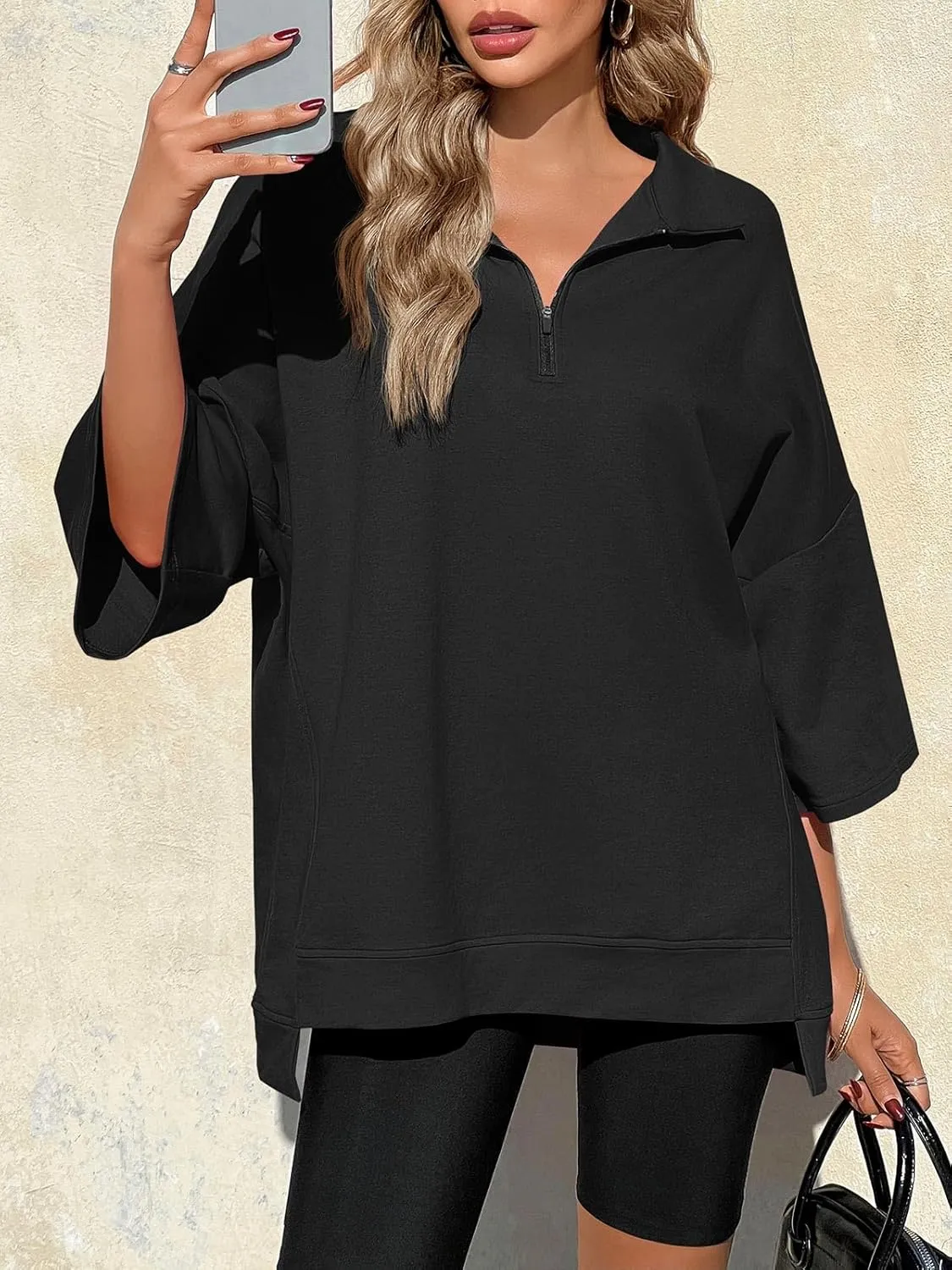 Fisoew Womens Oversized Sweatshirt Casual Zip Up V Neck 3/4 Sleeve High Low Pullover Tunic Tops