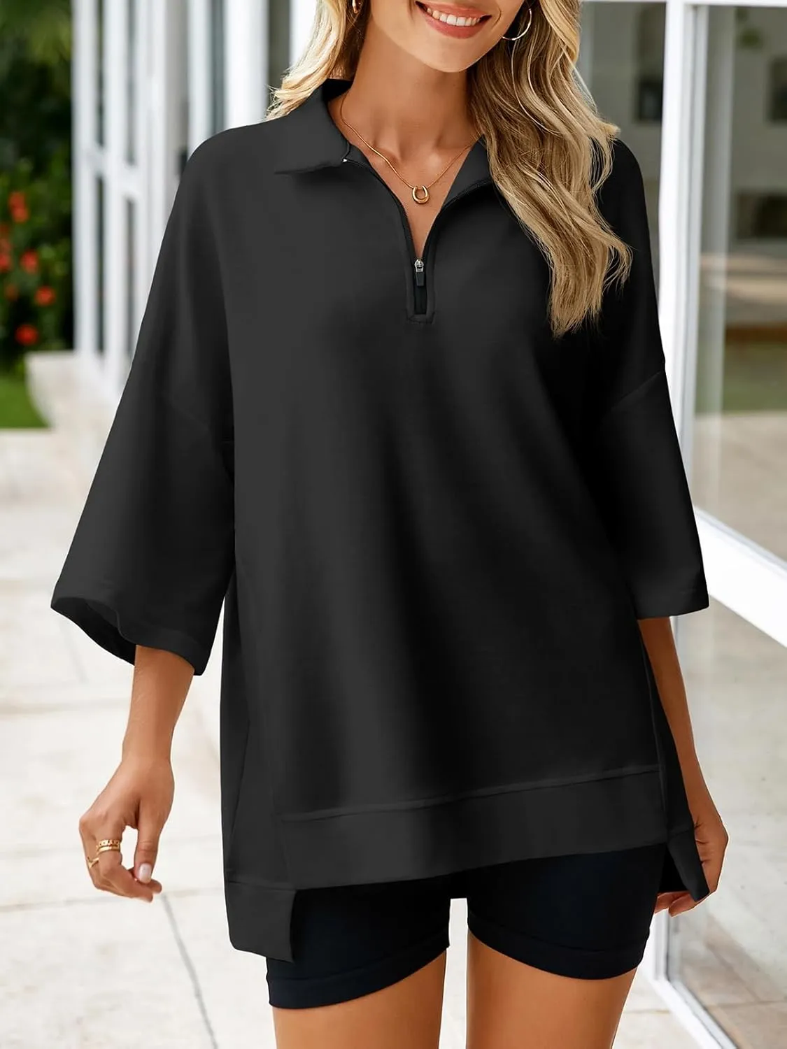 Fisoew Womens Oversized Sweatshirt Casual Zip Up V Neck 3/4 Sleeve High Low Pullover Tunic Tops