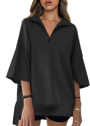 Fisoew Womens Oversized Sweatshirt Casual Zip Up V Neck 3/4 Sleeve High Low Pullover Tunic Tops