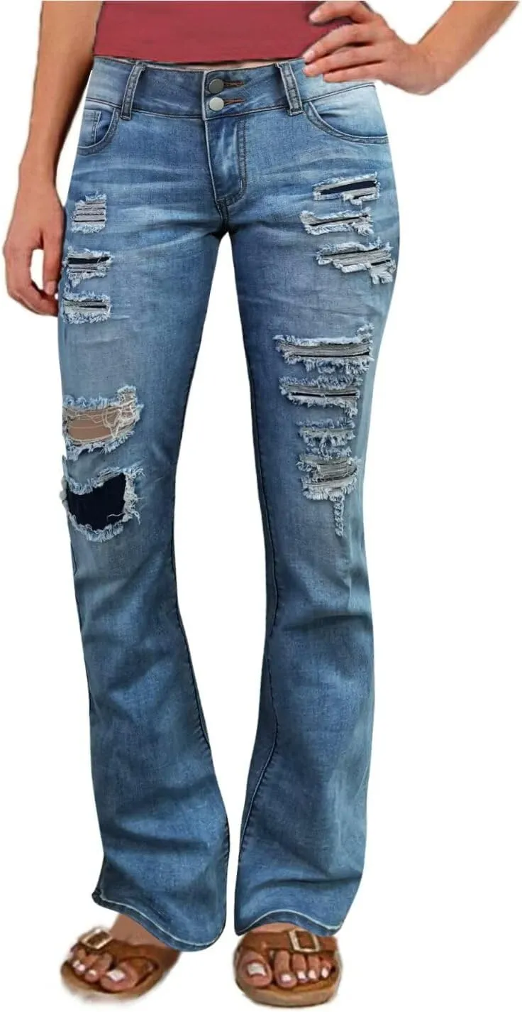 Flamingals Bootcut Wide Leg Low Rise Ripped Button Up Denim Pants