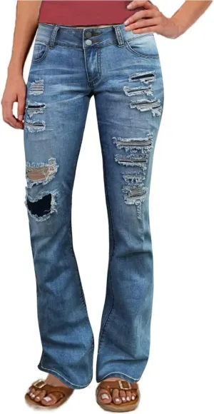 Flamingals Bootcut Wide Leg Low Rise Ripped Button Up Denim Pants