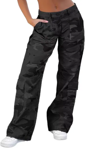 Flamingals Cargo Pants for Women Baggy Wide Leg Mid Waist Causal Y2K Pants with Pockets