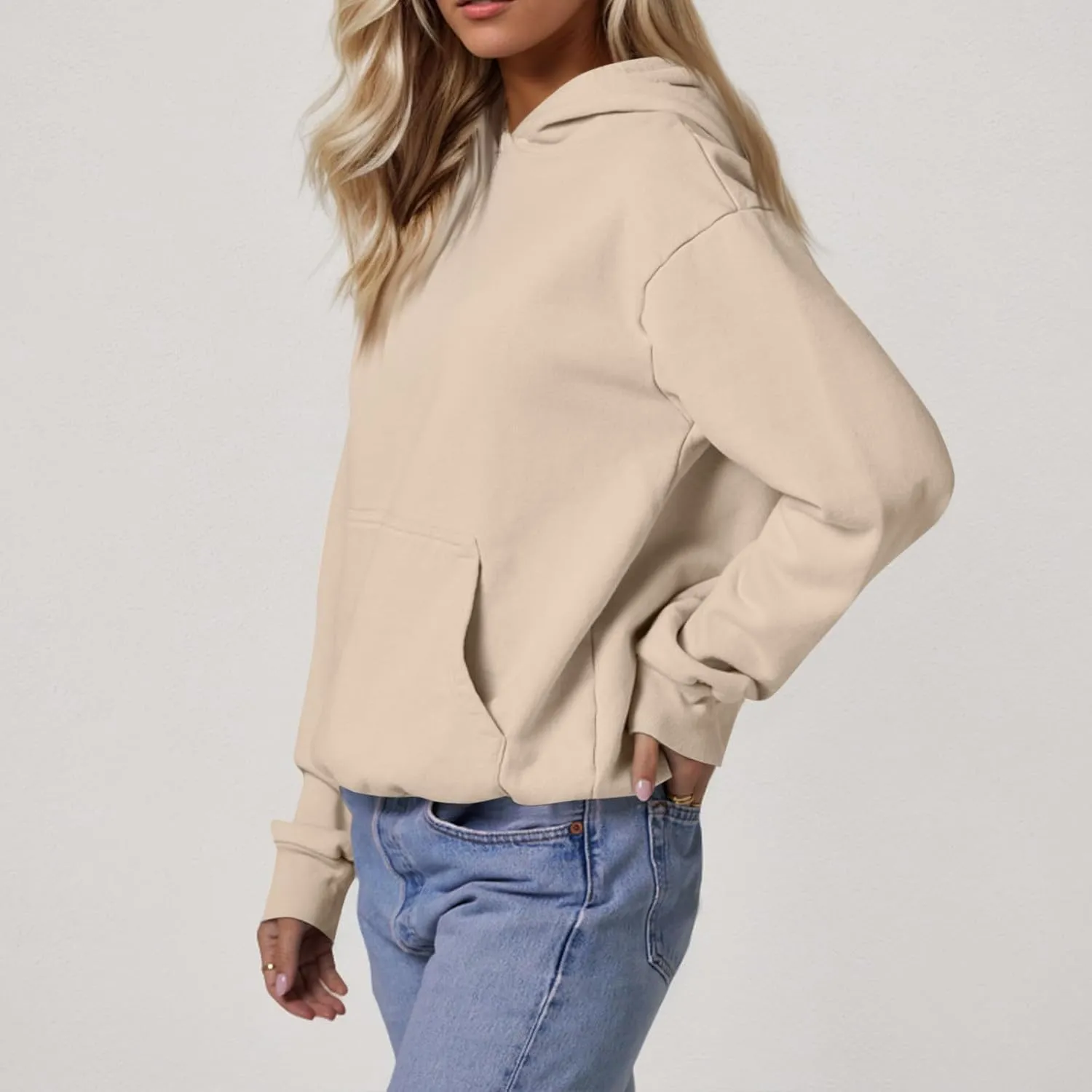 Fleece Hoodie Women Oversized Plain Hooded Sweatshirt Casual Long Sleeve Pullover Tops Comfy Drop Shoulder Sweater