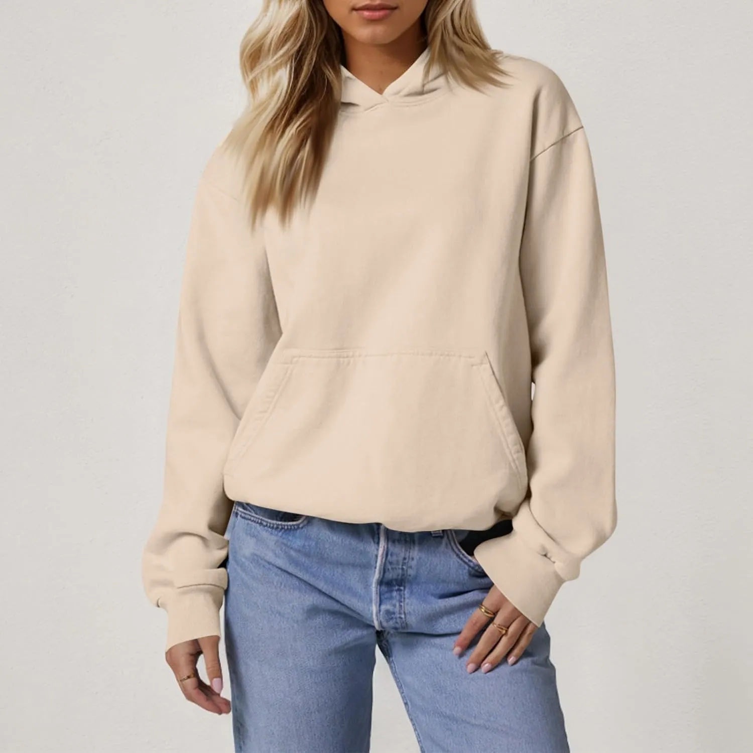 Fleece Hoodie Women Oversized Plain Hooded Sweatshirt Casual Long Sleeve Pullover Tops Comfy Drop Shoulder Sweater